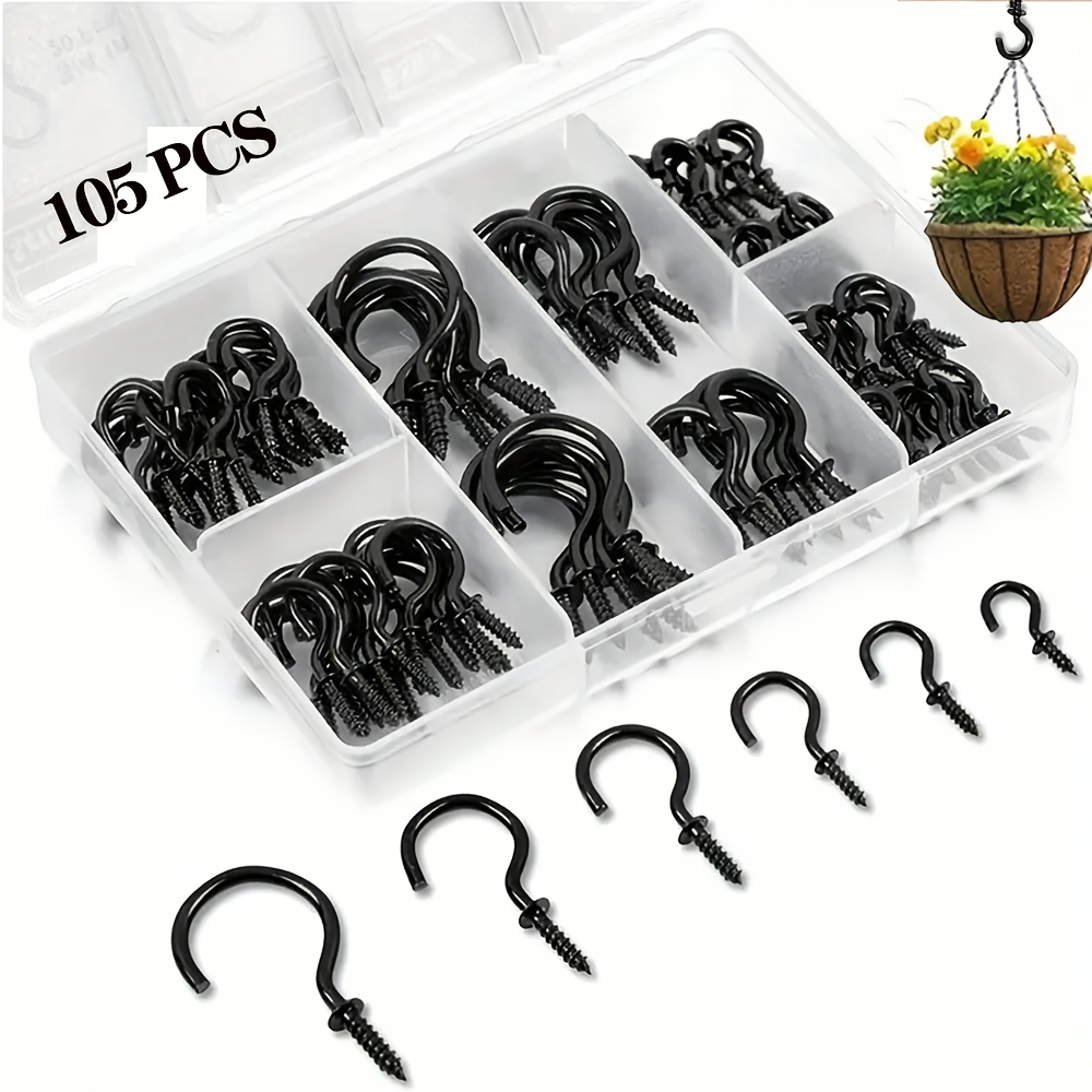 Image of 105pcs Cup Hook, Screw-in Hook Kit (1/2 Inch, 5/8 Inch, 3/4 In, 7/8 Inch, 1 Inch, 1-1/4 Inch) - Silvery, Black Mini Screws Jewelry Hook. Wood Ceilingry Wall Hook Crafts Key Hat Plant Lights Etc.