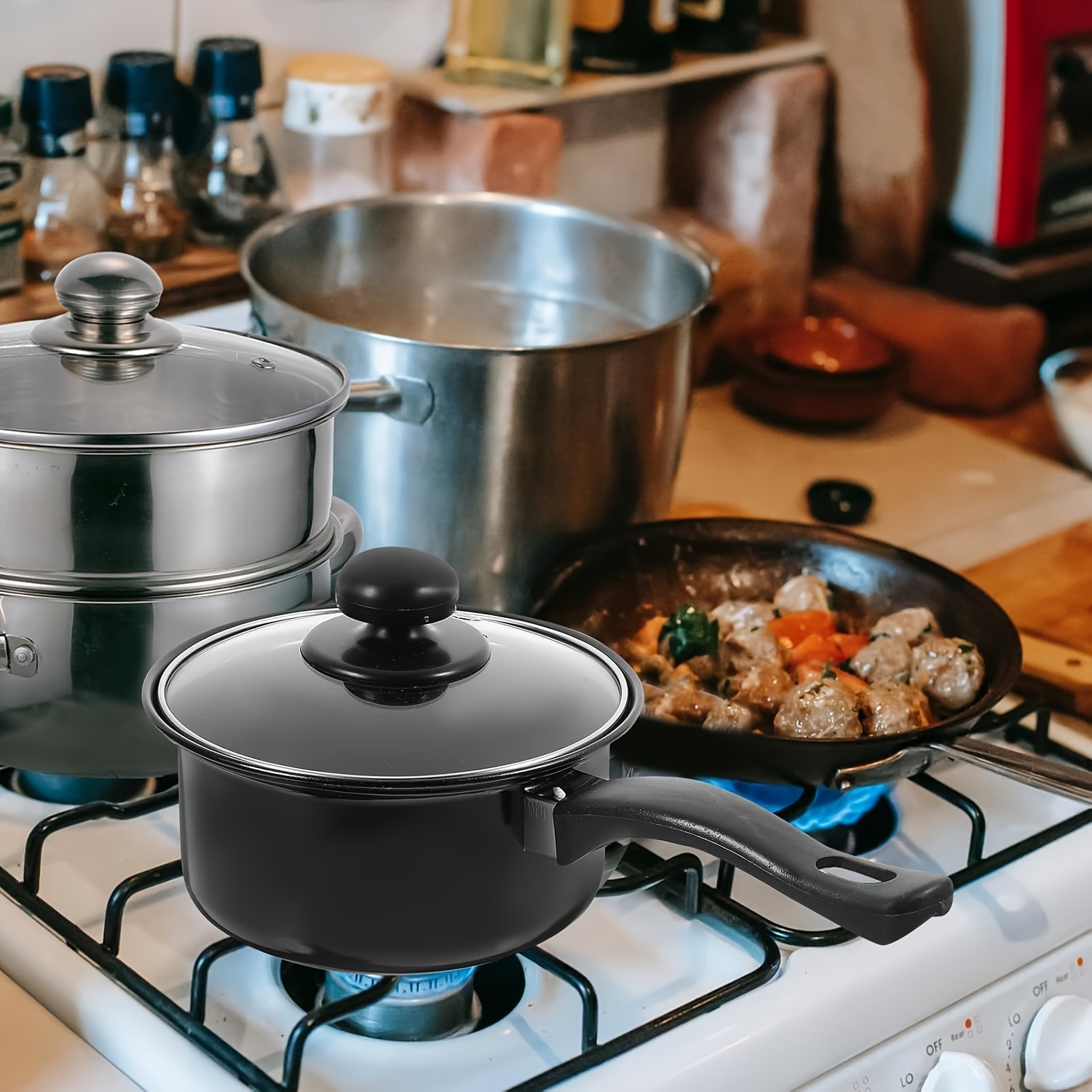 13pcs set non stick pots and pans with glass lids lightweight and portable including frying pan milk pan and nylon cutlery camping picnicking traveling black details 3