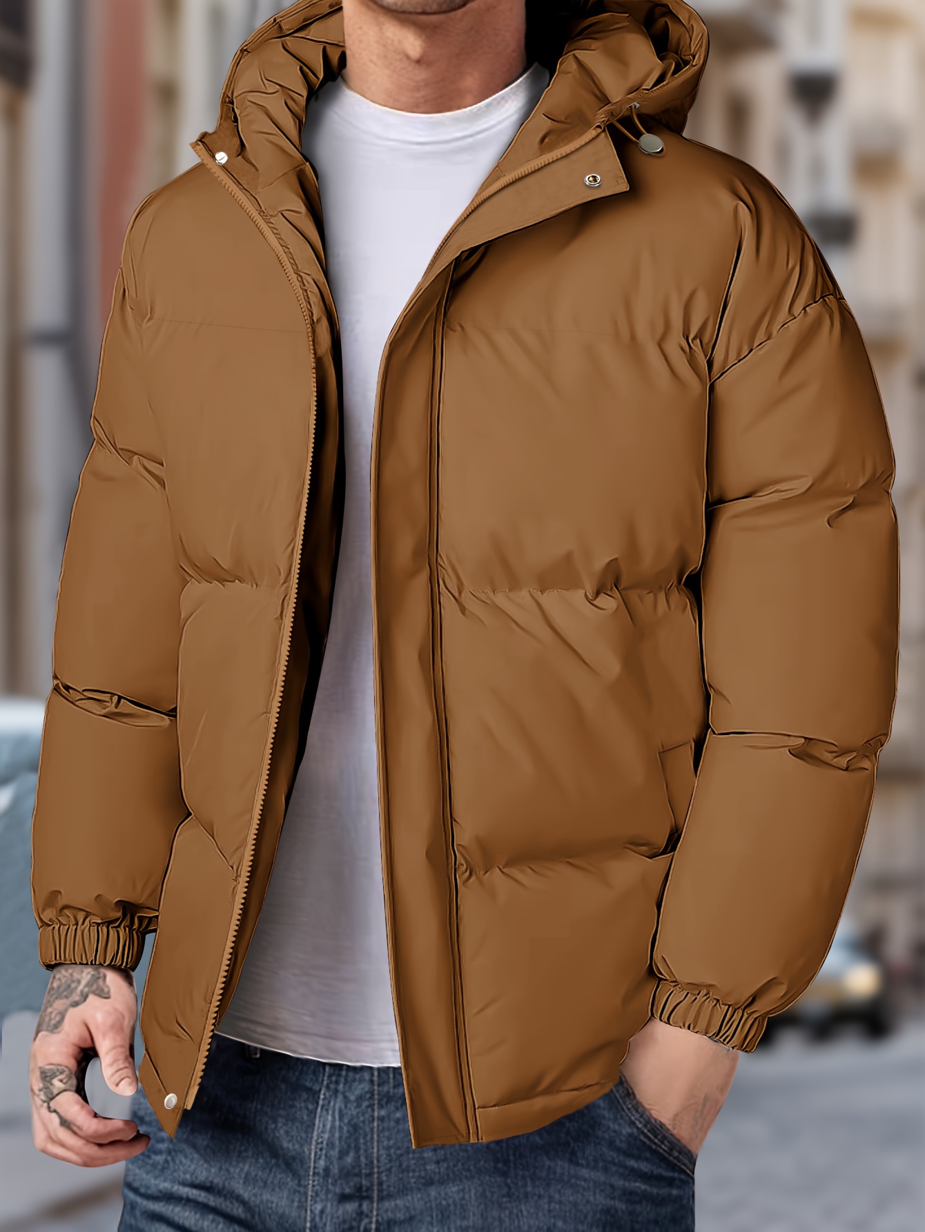 Men's Winter Thickened Warm Windproof Hooded Jacket with Pockets, Padded Coat