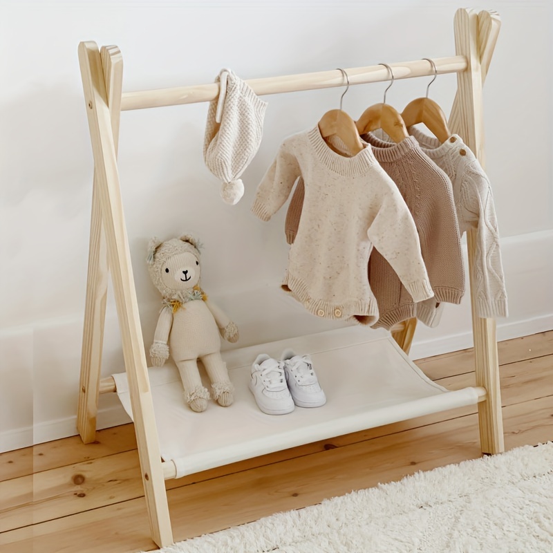 

Wooden Children's Clothes Hanger With Storage Rack And Hanging Rod - 31.4 Inches
