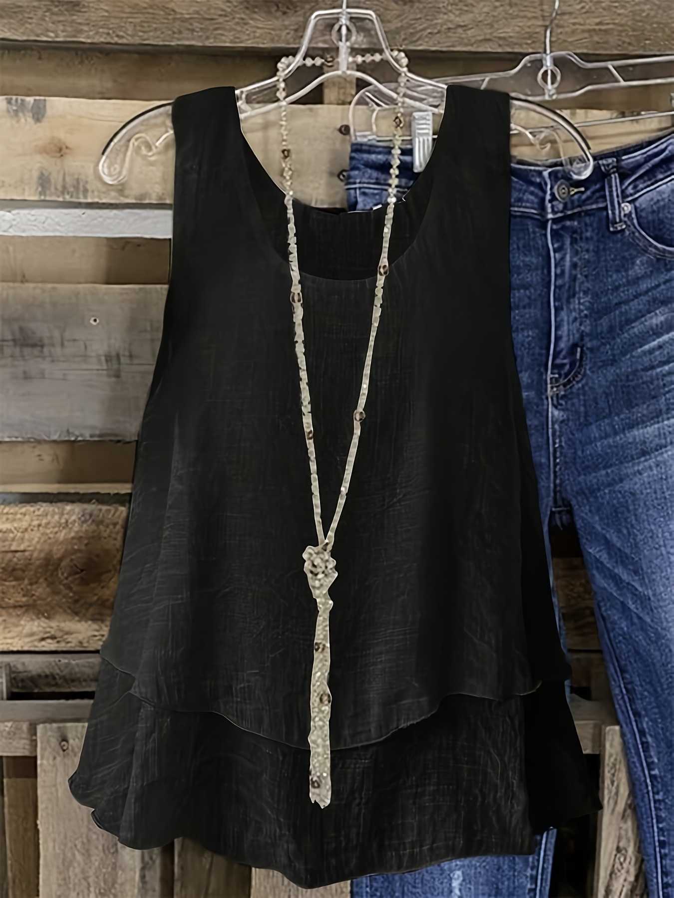 Women's Plus Size Sleeveless Elegant Top - Lightweight Breathable Blue Round Neck Vest, Machine Washable Spring Summer Casual Wear, Elegant Special Line Collection, Sophisticated Design, Textured Fabric