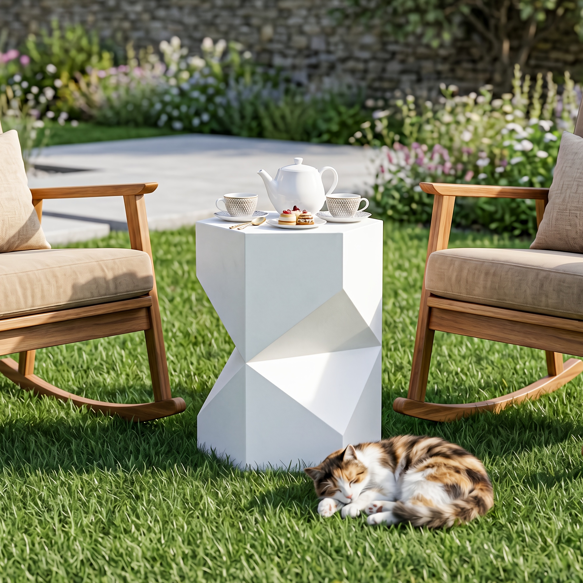 17.9” Modern Polygonal Magnesium Oxide Side Table - Space-Saving /Outdoor Accent Table with Polished Cement Top & Magnesium Frame, Suitable for Living Room, Bedroom, Balcony - White/Black/Grey Geometric End Table or Plant Stand