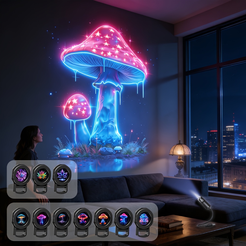 TEMU 10pcs Led Colorful Mushroom Projection And 1pc Ambient Light, Usb Plug-in Night Light, Bedroom Bedside Decor Lamp, Influencer Photo Atmosphere