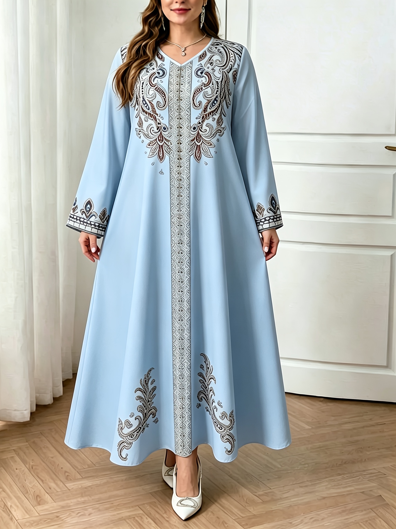 Color: Light Blue Plus Size - Middle Eastern Elegant Robe Spring/Autumn New Plus Size Fashion Women'S Ethnic Print Temperament Commute Loose Comfortable Vacation Style Long Sleeve Dress 1