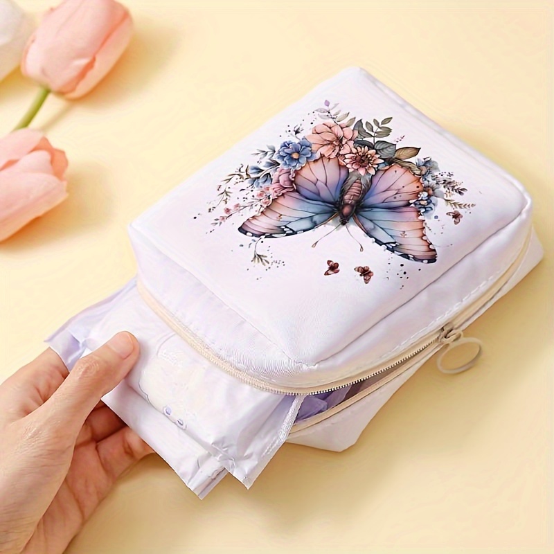 

1pc Whimsy Wings Grande Sac de rangement portable pour serviettes hygiéniques, Pochette de rangement multifonctionnelle en polyester avec imprimé papillon pour bonbons et articles divers