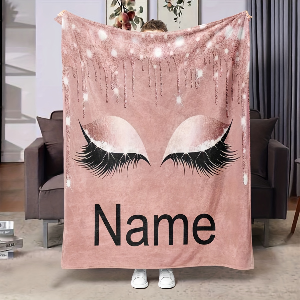 

Custom Eyelash Design Throw Blanket With Personalizable Name Text - Hypoallergenic Machine Washable Polyester Knit Digital Print Blanket For All Seasons, Ideal Gift For Girls And Women