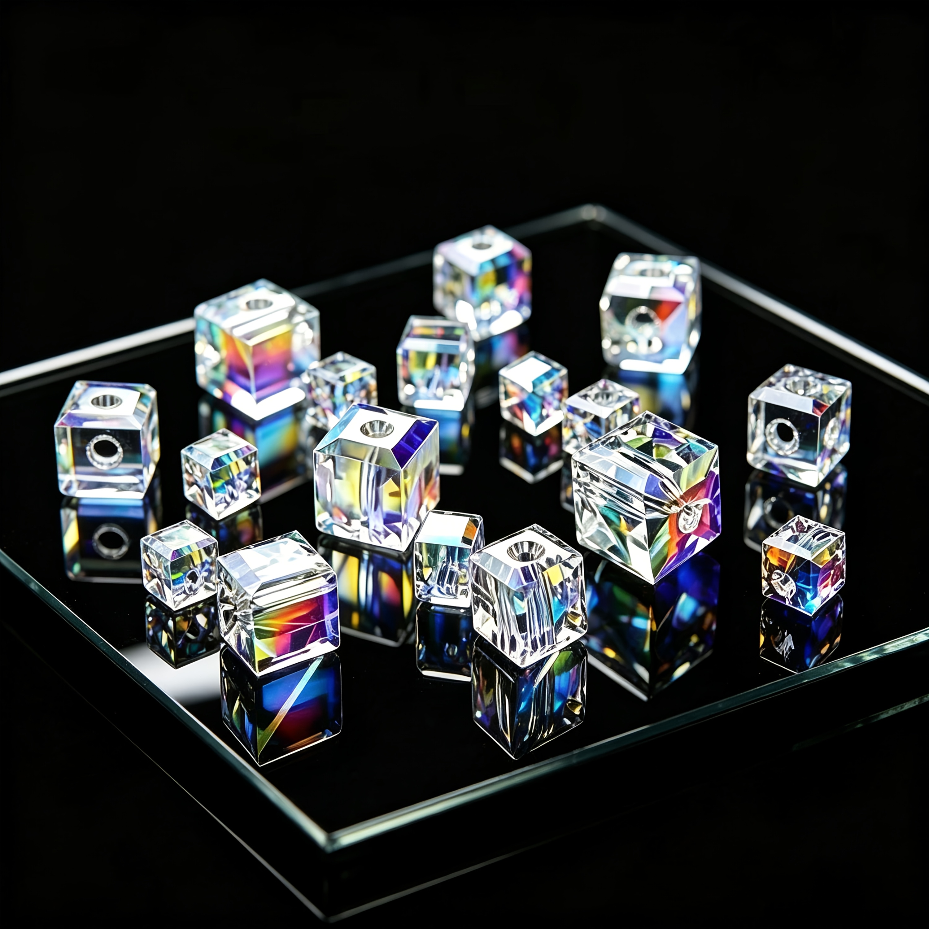 TEMU 58pcs Perles de verre cube à haute brillance, perles lumineuses carrées à trous droits 4/6/8 mm - Ajouts pour vêtements, chaussures et bijoux >