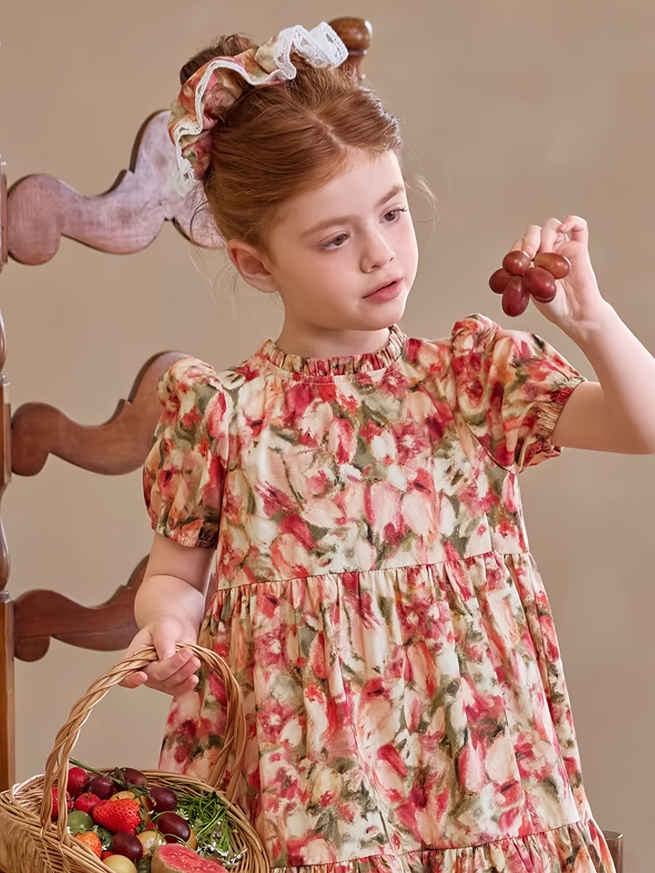 young girl's long brown dress flowers short ruffled sleeves Juslio Dresses for Girls Round Neck Kids Flower Clothing Short Sleeve Girl Dress, Girl's, Size: 100(US:2 Years), Brown