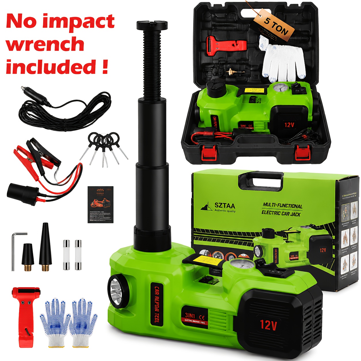 TEMU Green 5 Ton Electric Car Jack Kit, 12v Hydraulic Jack With Tire Inflator, Portable Emergency For Suv Mpv Truck Tire Change & Garage Repair, Car