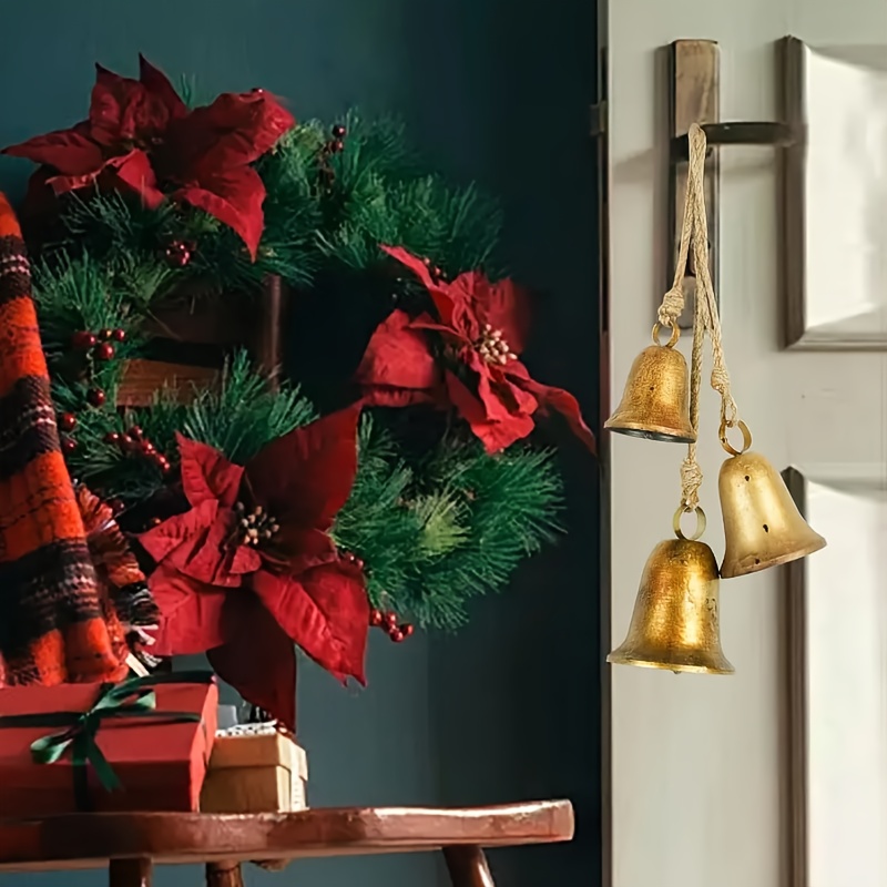 Lot De 4 Cloches De Noël En Métal Laiton Doré - Avec Corde De Jute - Décoration Rustique Pour Porte, Porche, Cheminée, Mur