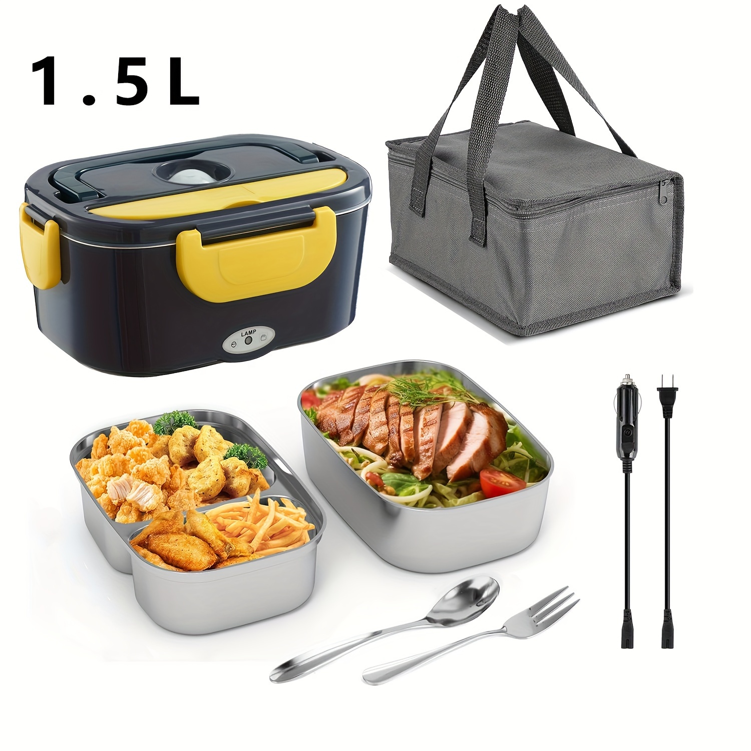 

Electric Lunch Box - Portable Fast Heating Lunch Box (12v/24v/110v) - 1.5l Stainless Steel Container Adult Food Warmer With Tray - Suitable For Cars, Trucks, Offices And Outdoors (black)