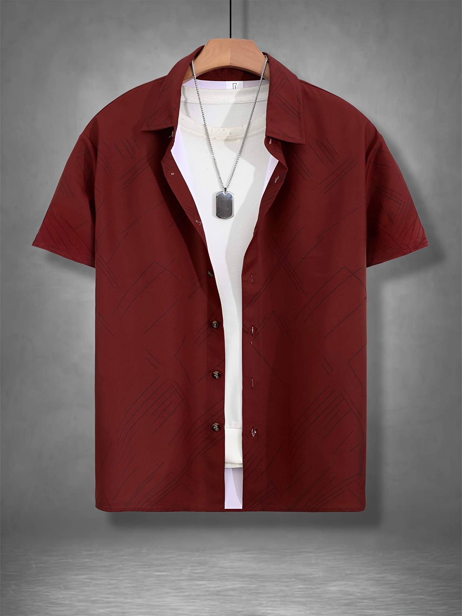 ανδρικό πουκάμισο με γεωμετρικό σχέδιο για επαγγελματική περιστασιακή φορεσιά - λευκό με μαύρο γεωμετρικό μοτίβο, πολυεστέρας, πλενόμενο στο πλυντήριο, κλασικός γιακάς, επαγγελματική περιστασιακή φορεσιά | κομψά κοντά μανίκια | μη ελαστικό υλικό,   Στοιχεία είδους 6