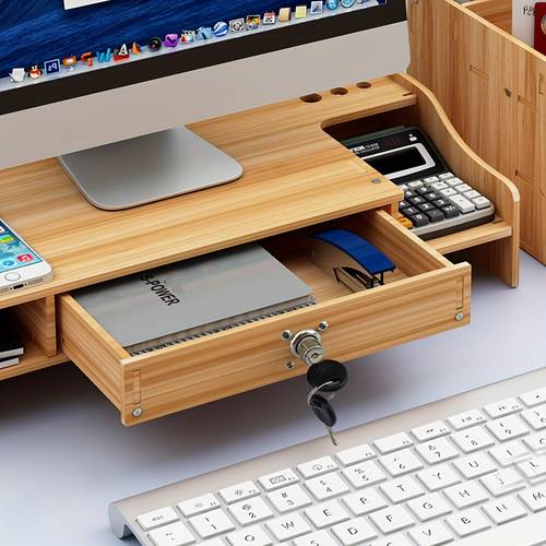 item picture 1pc easy wooden monitor stand with drawer keyboard storage rack desktop pc riser tabletop bookshelf organizer wooden board