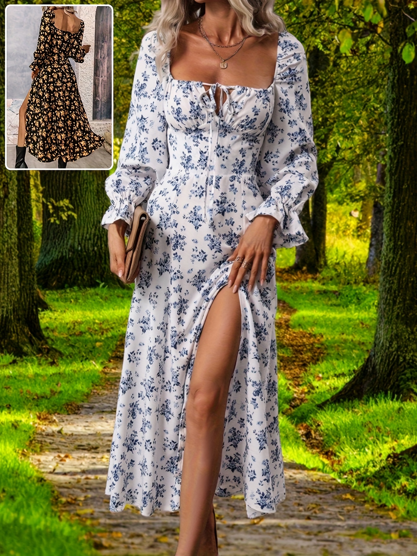 women's spring and summer fashion new arrival, long sleeve chiffon floral  dress, long elegant evening gown, v-neck dress, casual and versatile  stylish outfit - women's clothing - Temu