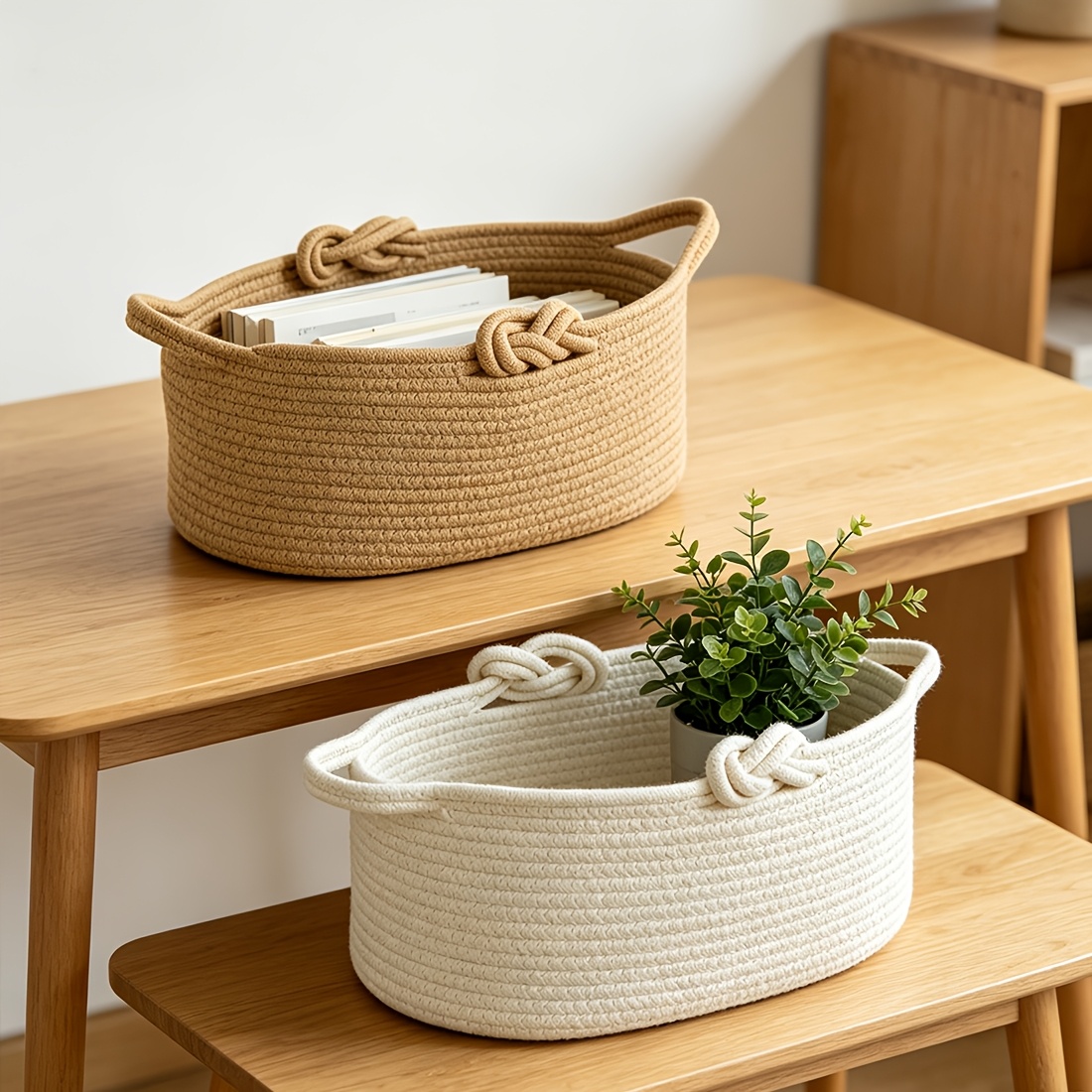 Inwagui Foldable Rope Basket with Handles, Oval Laundry Basket Stackable, Soft And Firm Storage Basket for Clothes, Blanket, Towels, Socks, Decorative Basket Box, Bathroom, Bedroom, Spring Summer, Laundry Baskets