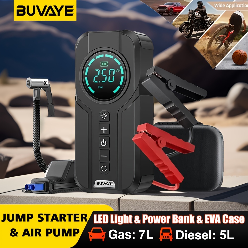 

Buvaye Portable Car Jump Starter Air Pump 4 In 1 Power Bank Lighting Portable Air Compressor Cars Battery Booster Starter Devices Auto Tyre Inflator Air Compressor
