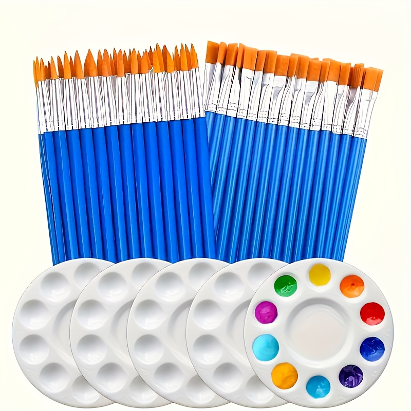 E-shop 60 Pinsel Palette, 30 Stk. flache 30 Stk. spitzige Nylon-Kunstpinsel, mit 5 runden Paletten, geeignet für Acryl, Aquarell, Ölmalerei, Aquarell,