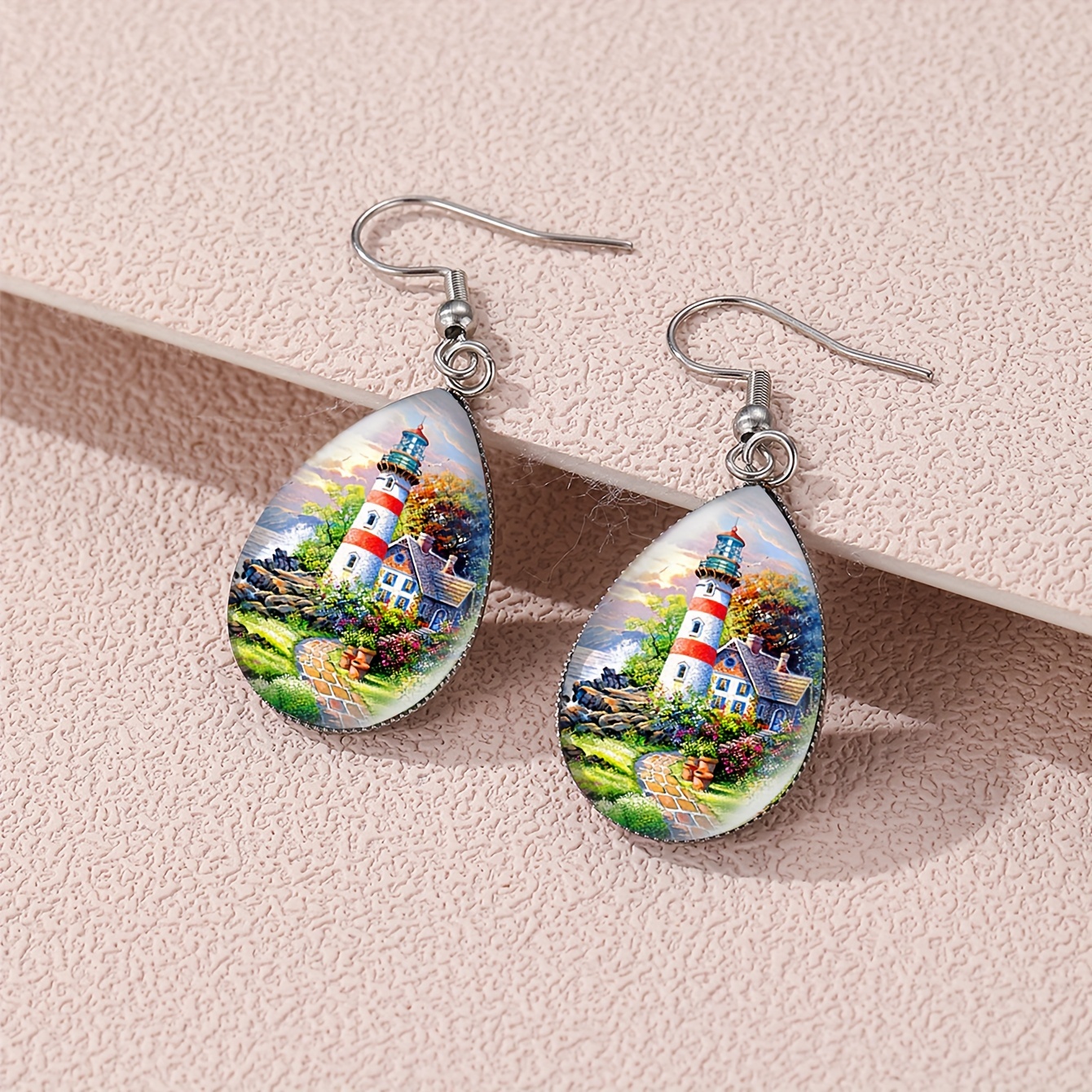TEMU A Pair Of Trendy Seaside Lighthouse Pattern Water Drop Glass Hook Earrings