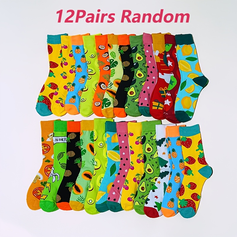 TEMU Random 12 Pairs Strawberry Watermelon Avocado Lemon Banana Cartoon Fruit Patterns Comfortable Cute Mid-calf Socks, Gift For , For Teenager, For