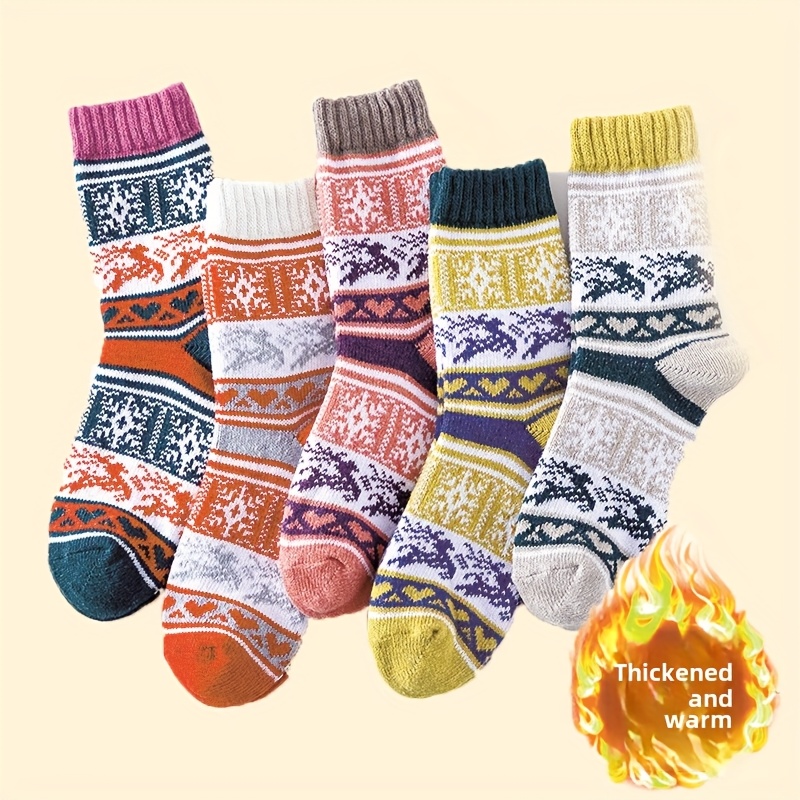 TEMU 5pairs Of Colors Christmas Socks Women's Socks Winter Socks Warm Socks Knitted Socks Thick Socks Ethnic Style Socks Wool Socks Christmas Gifts