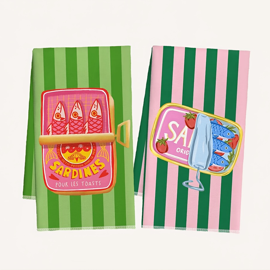TEMU Schoonmaakdoek 2 stuks Keukenhanddoek, Zomergroen en Roze Gestreepte Sardinepatroon Keukenhanddoek, Ultrazachte Absorberende Vaatdoek,