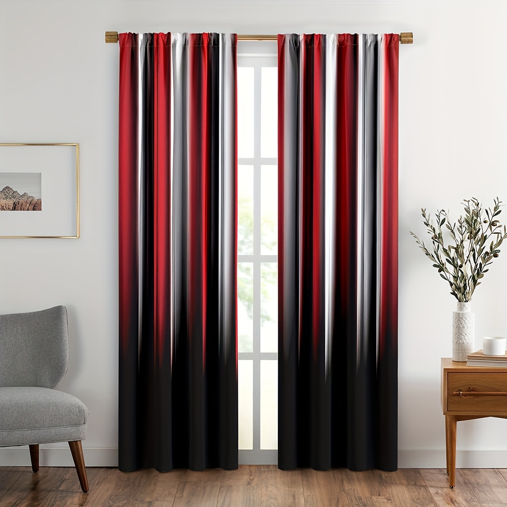 

2pcs Set Abstract Ombre Curtains - Red, White & Black Striped Drapes For Living Room And Bedroom Decor, Uv Protection, Machine Washable