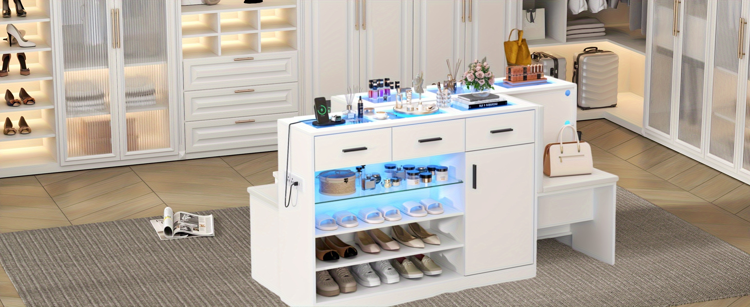 Wardrobe Armoire Closet with Charging & LED Light, Walk-in Closet Island Dresser with Glass Showcase, 4 Drawers & Doors, Modern Cabinet Organizer with Bench, Wardrobe Clothes Organizer with Closet Shelves (White)
