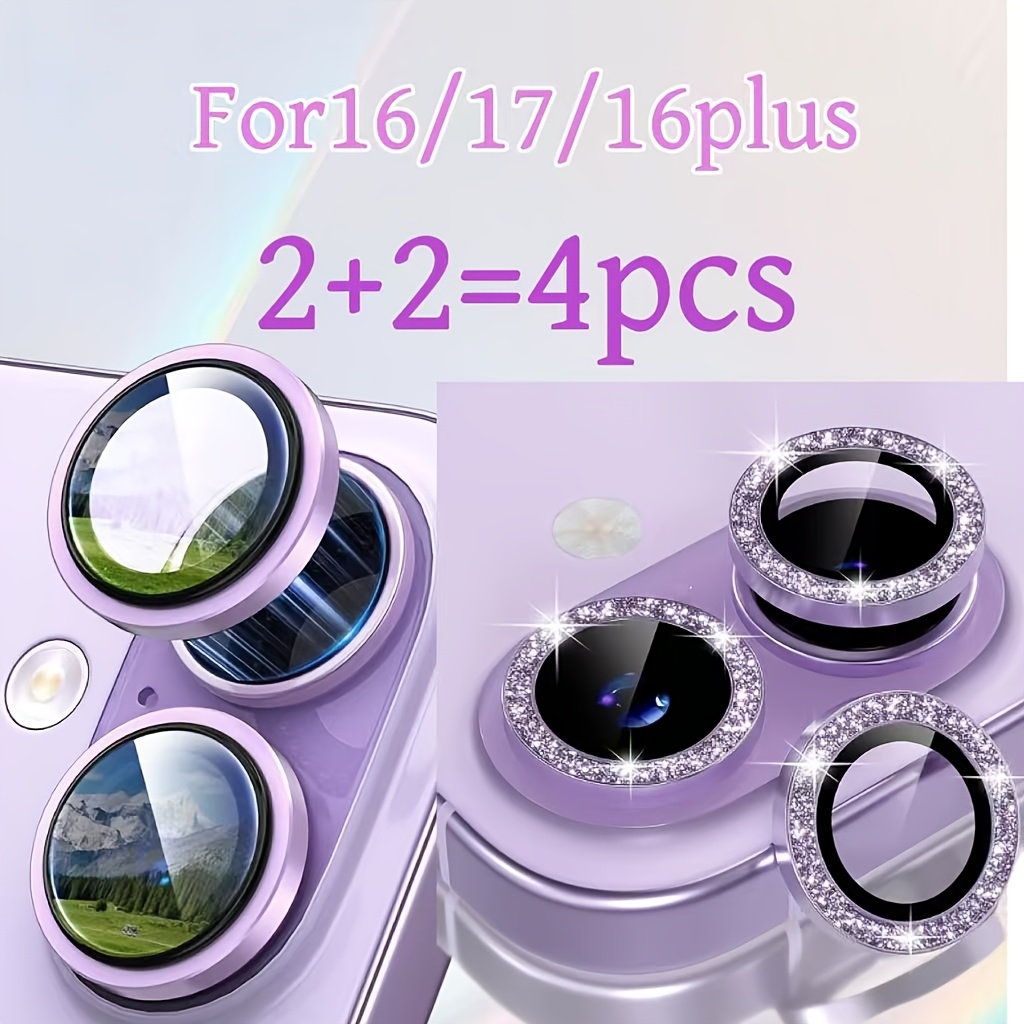 TEMU Lot de 4 pièces 2+2, compatible avec iPhone 17/16/16 Plus, d'objectif d'appareil photo avec anneau décoratif en métal brillant, anneau unique en