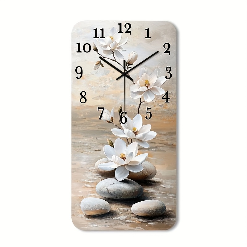 TEMU () 1pc Silent Wall Clock Non-ticking Wooden, Decorative Rectangular Clock Hd Glossy Lamination Finish Abstract Floral Arrangement With Stones.