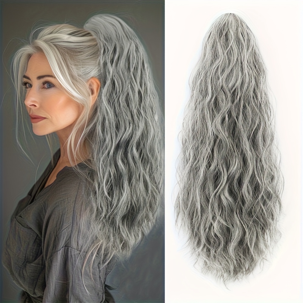 TEMU Silvery-gray Clip-on Ponytail Wavy Curly Fluffy Synthetic Fiber Wig Suitable For Daily Ladies To Increase Hair Volume And Lengthen Hair.