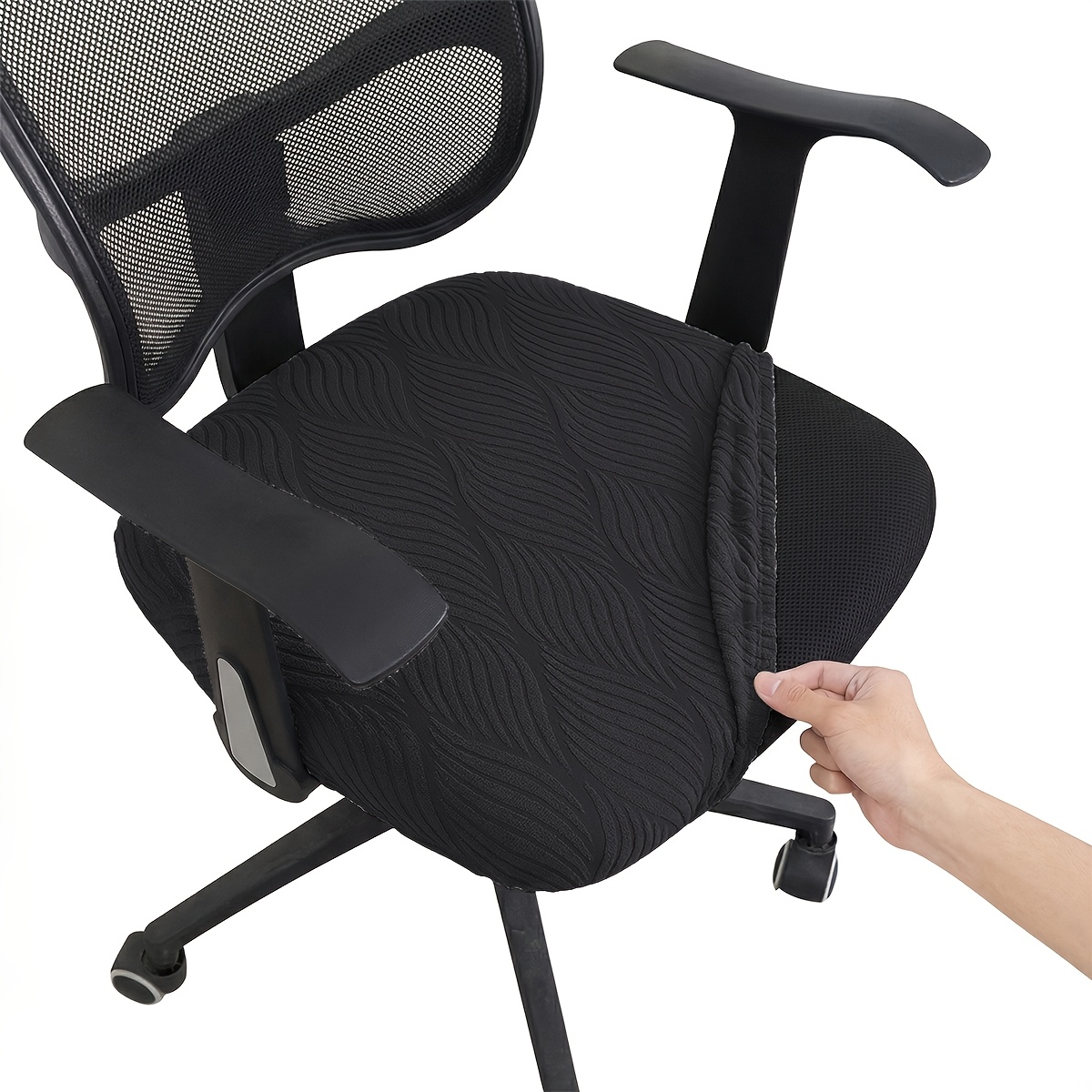 TEMU de asiento para silla de oficina de jacquard ondulado, 1 pieza, protector de asiento para silla de oficina estilo con correas de