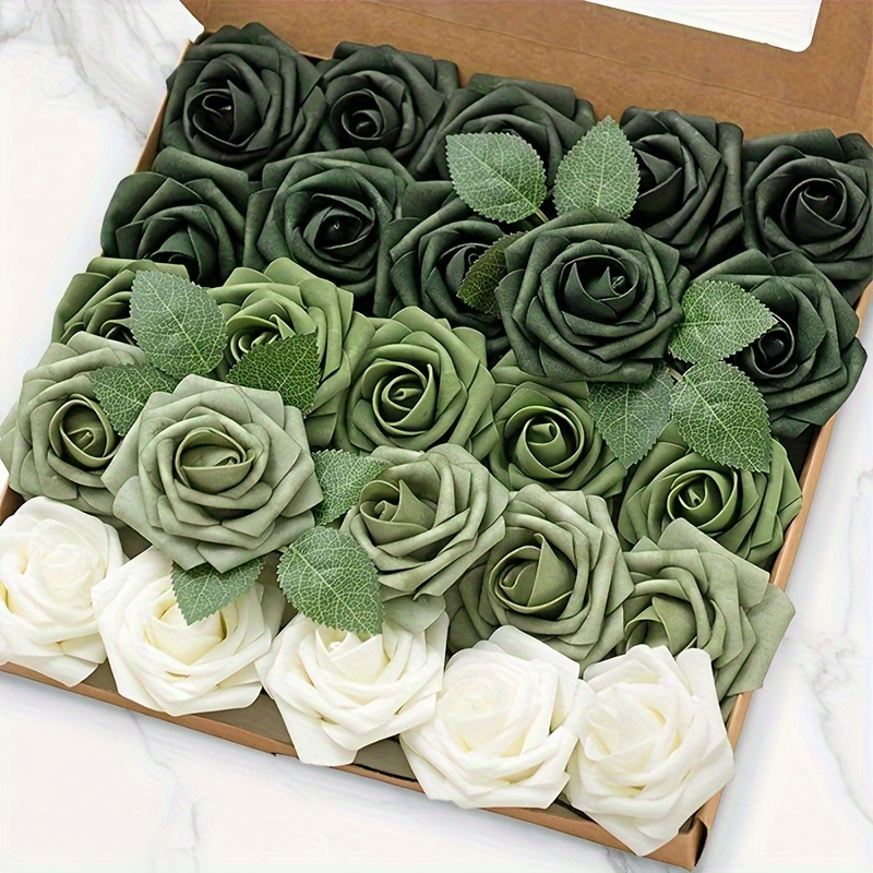 

25pcs Lifelike Green Gradient Artificial Roses Set - Diy Bouquet Kit For Weddings, Bridal Showers & Centerpieces | Includes Stems & Leaves For Decor