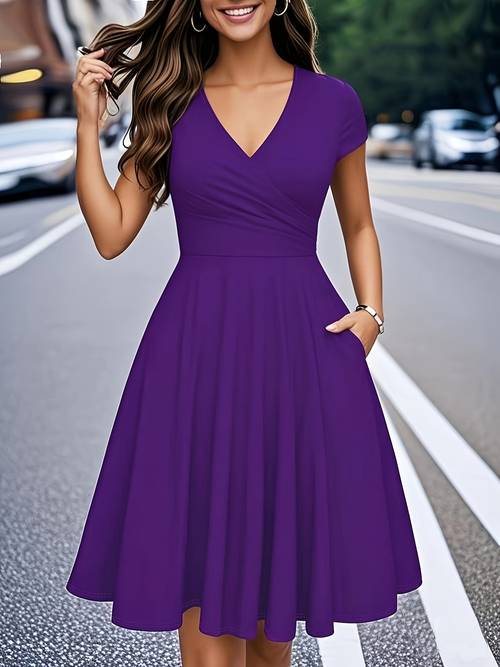 elegant vintage inspired v neck midi dress with pockets solid color flared hem cap sleeves for women spring summer fall fashion cocktail attire vintageinspired dress classic eleganc