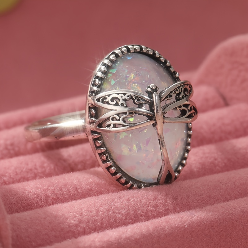 Dragonfly Ring Vintage Silver Plated for Women with Opal