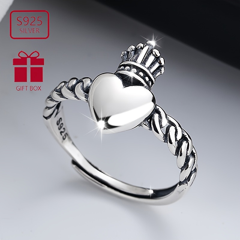 

1pc 925 Sterling Silver Heart Design Symbol Of High Quality Adjustable Ring Match Daily Outfits Perfect Gift For Your Queen