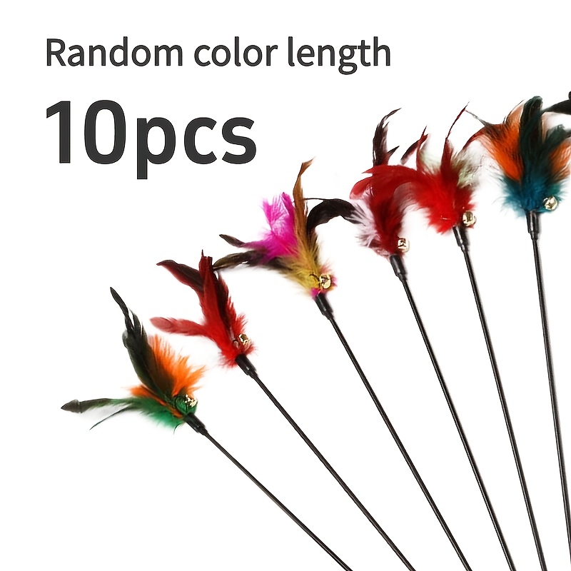 5pcs/10pcs Random Style Interactive Cat Feather Wand Toys With Bells – Durable Feathers, Colorful Plastic & Nylon Design, Fun Teaser Stick Set For Indoor Cats Of All Breeds & Sizes