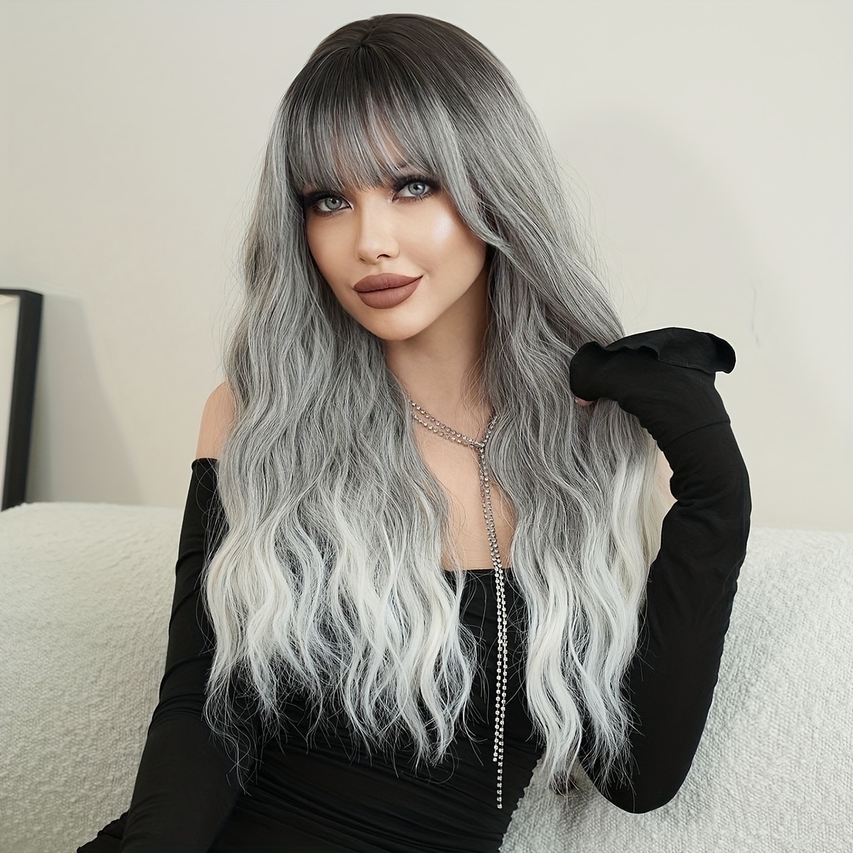 Synthetic Loose Body Wavy White Ombre Ash Wig For Women Daily Party Long Curly Wavy Grey Hair Wigs With Fluffy Bangs 26Inches Beginner Friendly