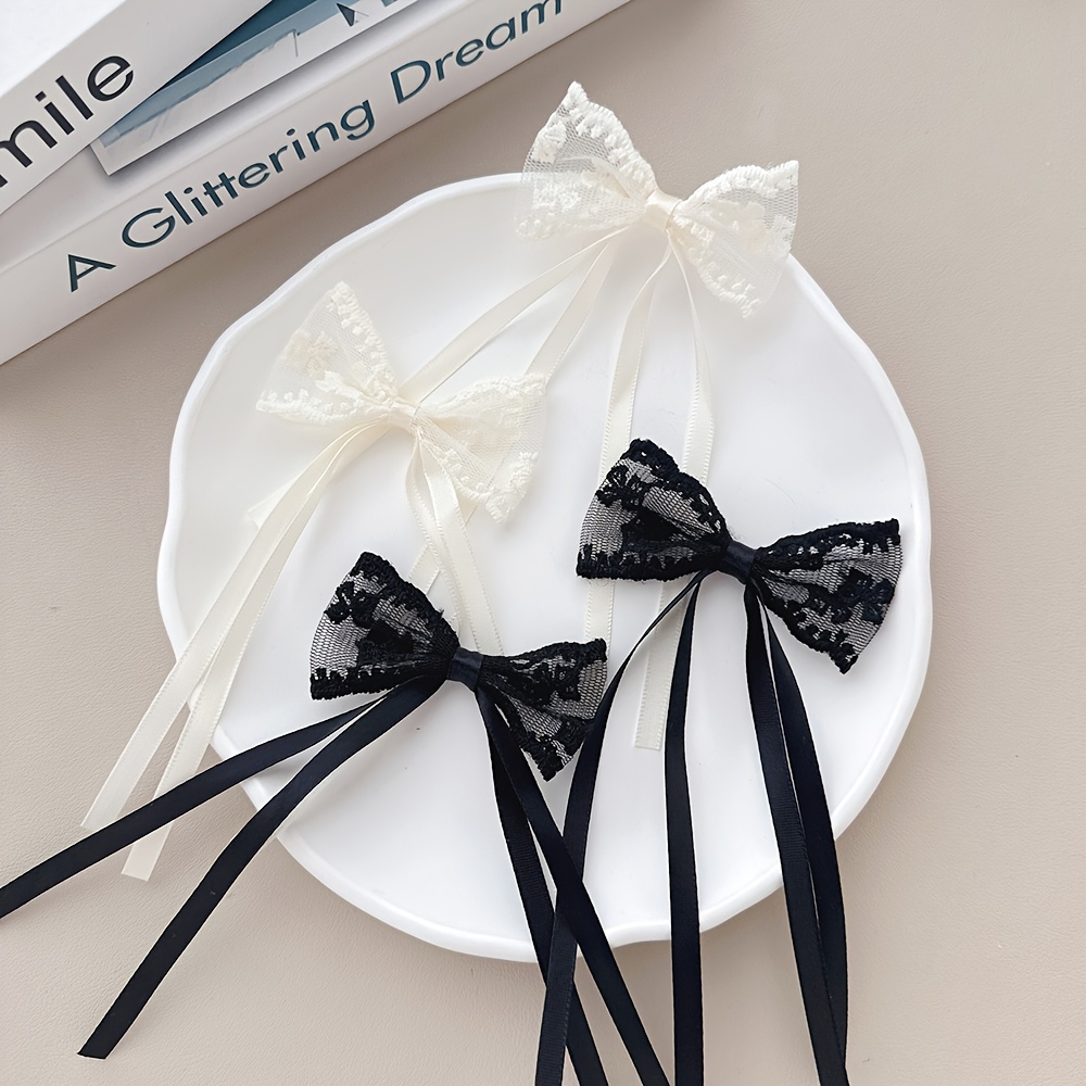 TEMU 4pcs Fashionable ' Lace Long Tassels Bow Ballet Style Suitable For Shopping, Parties, And Daily Use