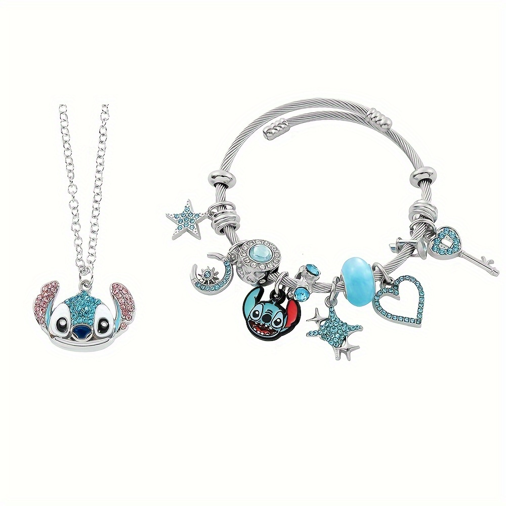 

2pcs/set Exquisite Fashion High Quality Inlaid Cartoon Cute Stitch Jewelry Set, Suitable For , Suitable As A Gift For