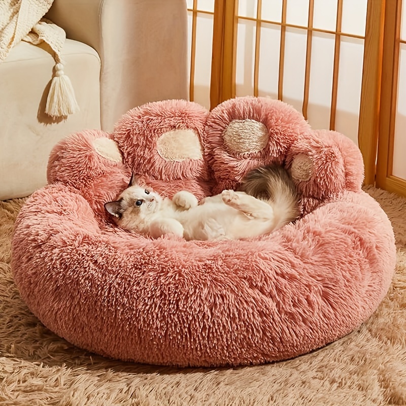TEMU Paw Plush Pet Bed For - Soft, Warm, Anti-slip Fur Round Bed For Small To Large Breeds (24/28/36/43 Inches)