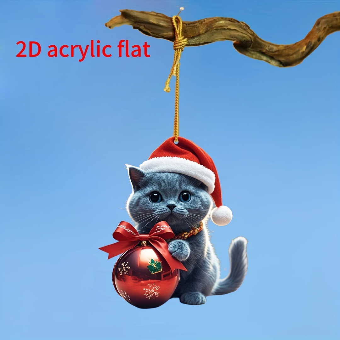 

Cute Short-haired Cat With Red Christmas Ball - Acrylic 2d Pendant For Car Mirror, Backpack & Holiday Party Decor