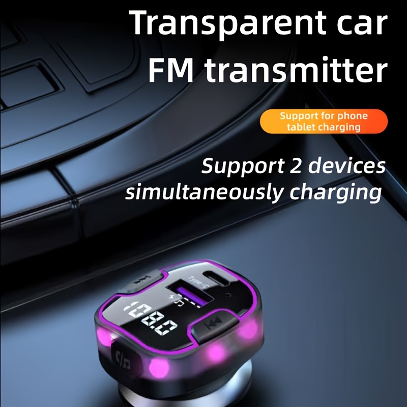Car Wireless Transmitter with Ambient Light, V5.3 Wireless Technology, 7-Color RGB Display, Hands-Free Calling, Universal Car Charger Adapter, Automotive Charging Accessory, Sleek Gadget Design, Smooth Finish
