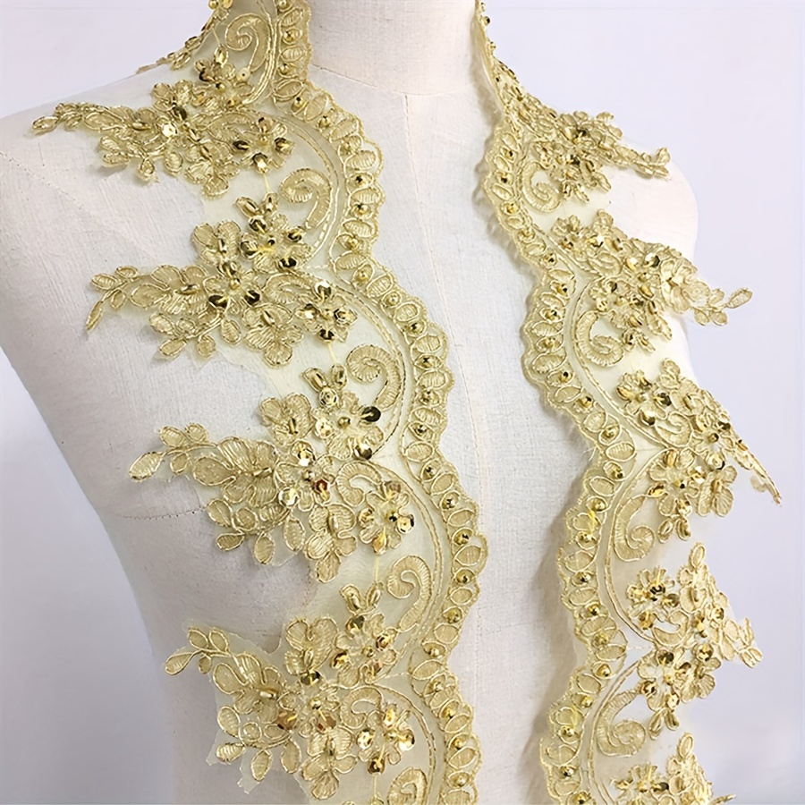 

Golden Floral Embroidered Lace Trim - 12cm Wide Polyester Sewing & Craft Accessory For Clothing Decoration, Intricate Design With Beads And Sequins