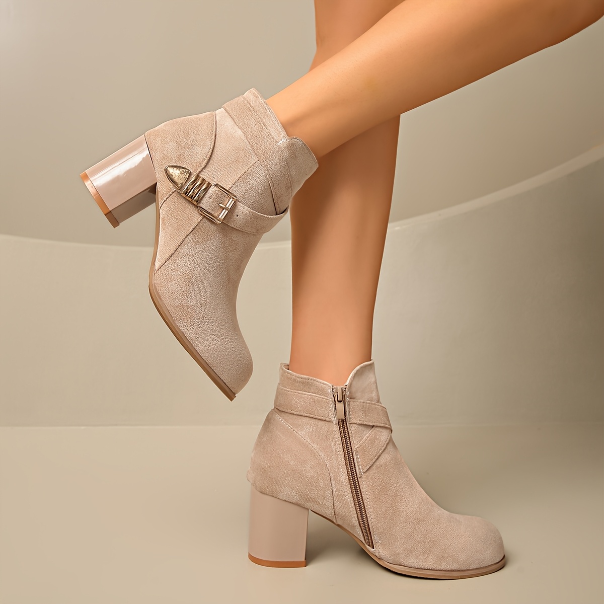 TEMU Fat Feet Wide Feet Mom Women Short Boots Thickening Fleece Zipper High Heels