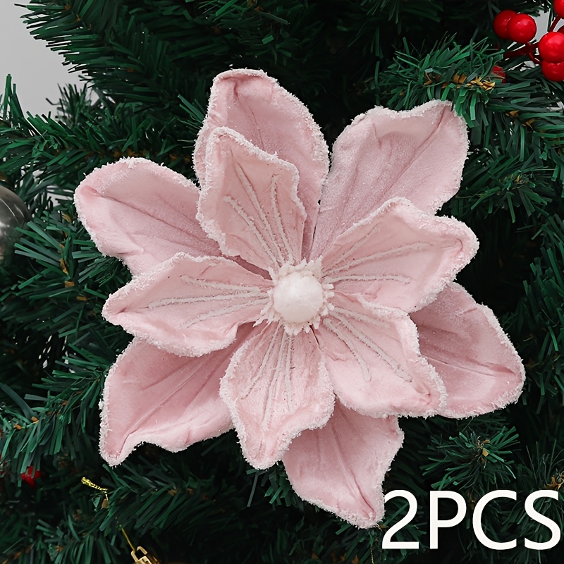 TEMU 2pcs Xmas Poinsettia Artificial Flowers Christmas Artificial Flower Decoration Velvet Artificial For Lotus Flower For Xmas Tree Wreath Ornaments