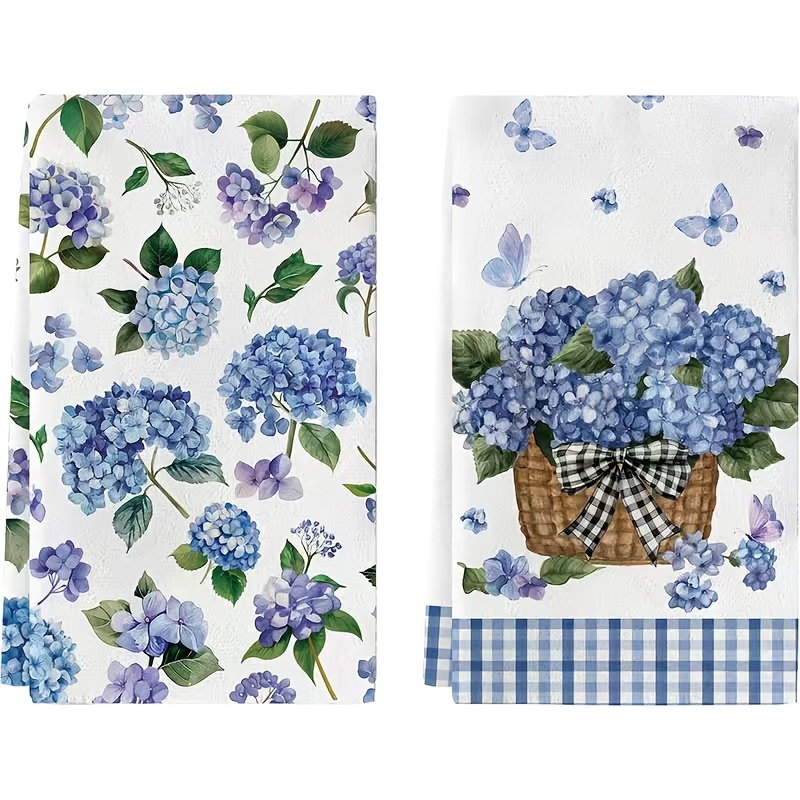 TEMU Cleaning Cloth 2pcs Kitchen Towel, Spring Style Blue Floral Kitchen Towel, 40*60cm, Tea Towel, Dishwashing Towel Birthday Gift, Kitchen Bathroom