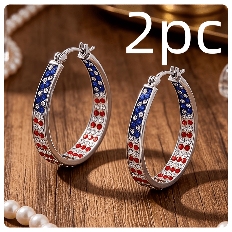 TEMU A Pair Of Easy, Patriotic Round Earrings With Colorful Clasps. The Stylish And Is Suitable For Women, Featuring Colored Zirconia Clasps, Wear