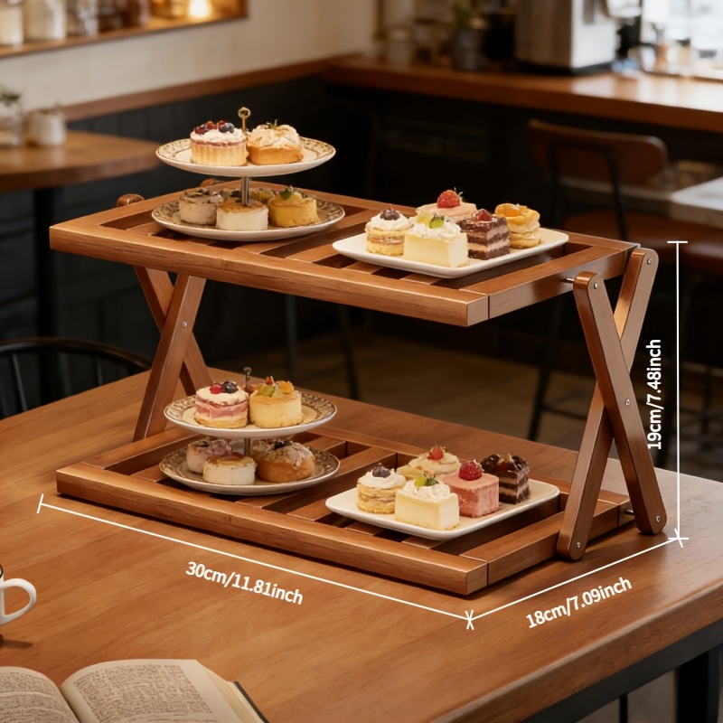 2/3 Layer Foldable Wooden Countertop Storage Rack, Coffee Bar Shelf With Natural Wood/brown Finish, Tray For Kitchen, Coffee Shop Dessert Display, Bamboo And Rack For Family Parties, Utility Racks
