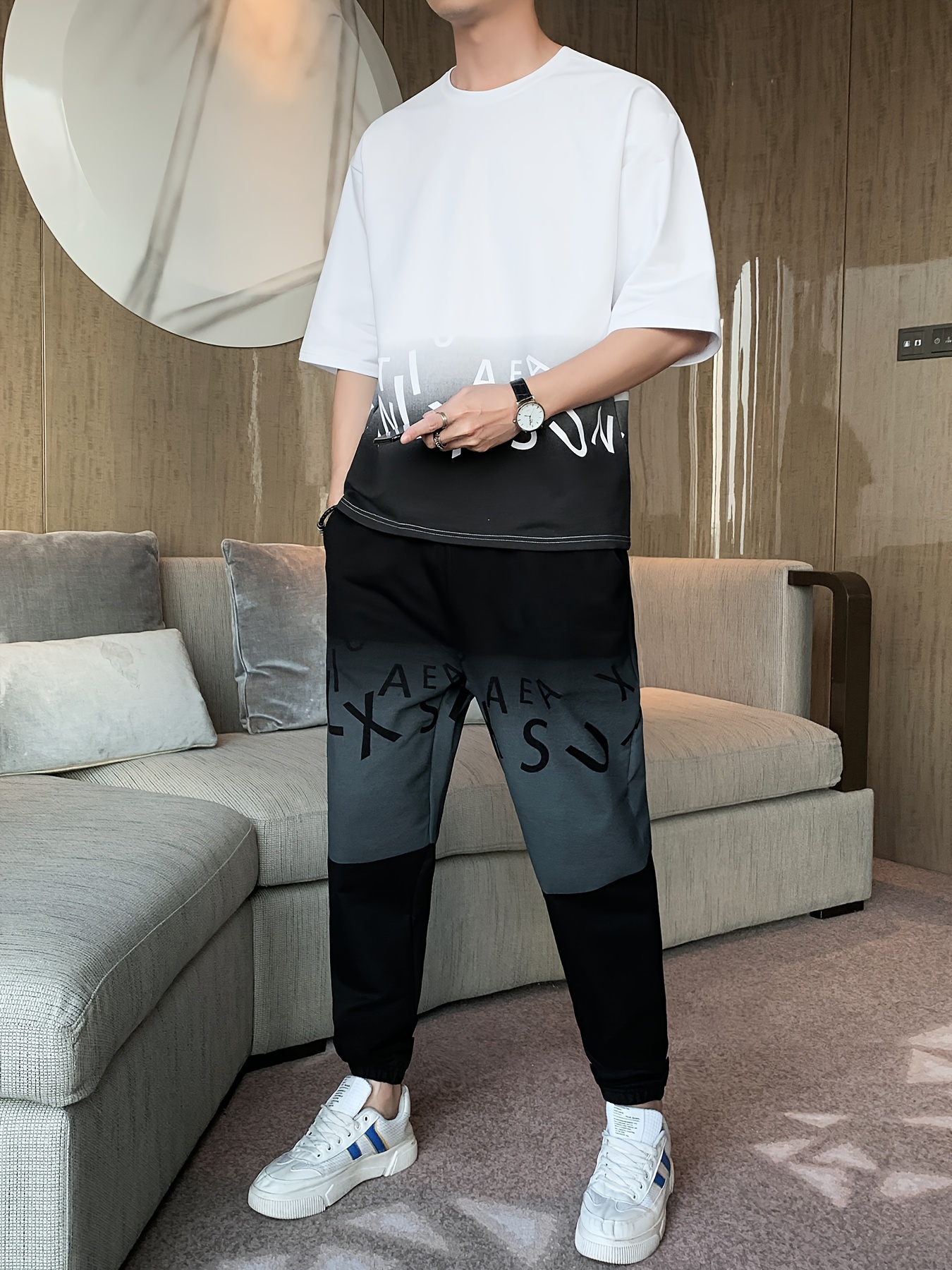 Men's Summer Casual Cotton Blend Outfit Set - Gradient Color Short Sleeve T-Shirt & Stylish Drawstring Shorts, Machine Washable
