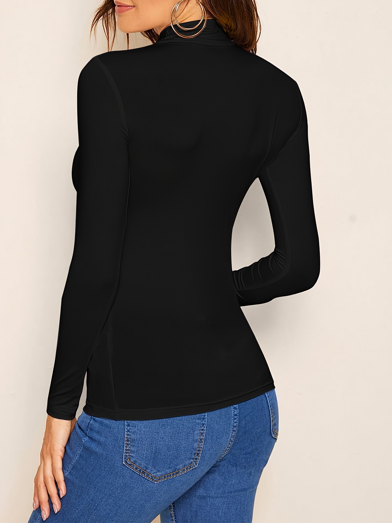 Solid Color Mock Neck T-Shirt, Versatile Long Sleeve T-Shirt For Spring & Fall, Women's Clothing